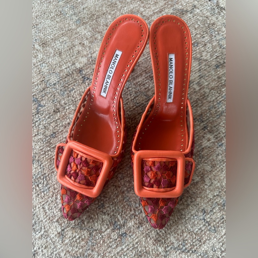 Manolo Blahnik Maysale Buckle Pointed Toe Mules 37